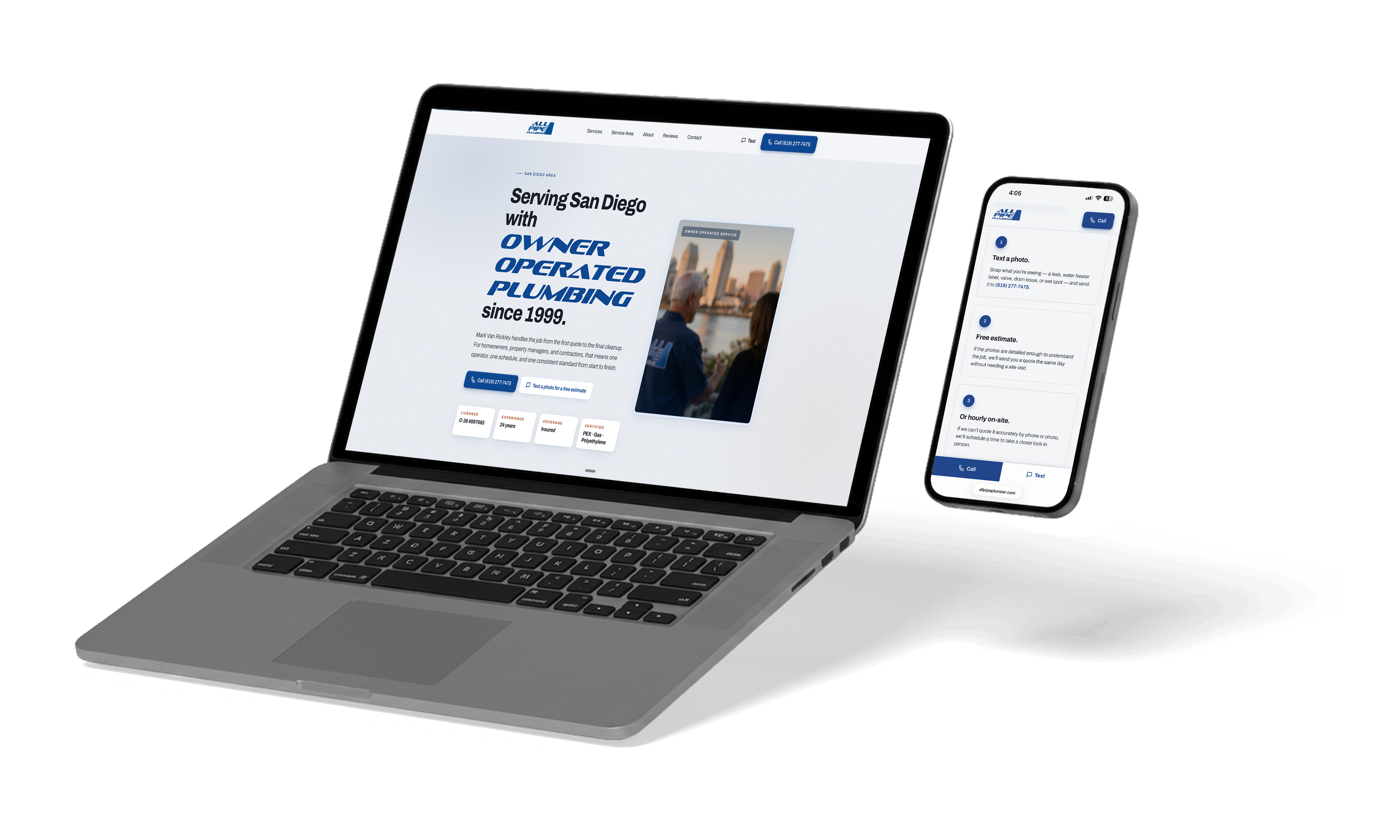 The All Pipe Plumbing website built by Outposting Studio, shown on laptop and phone